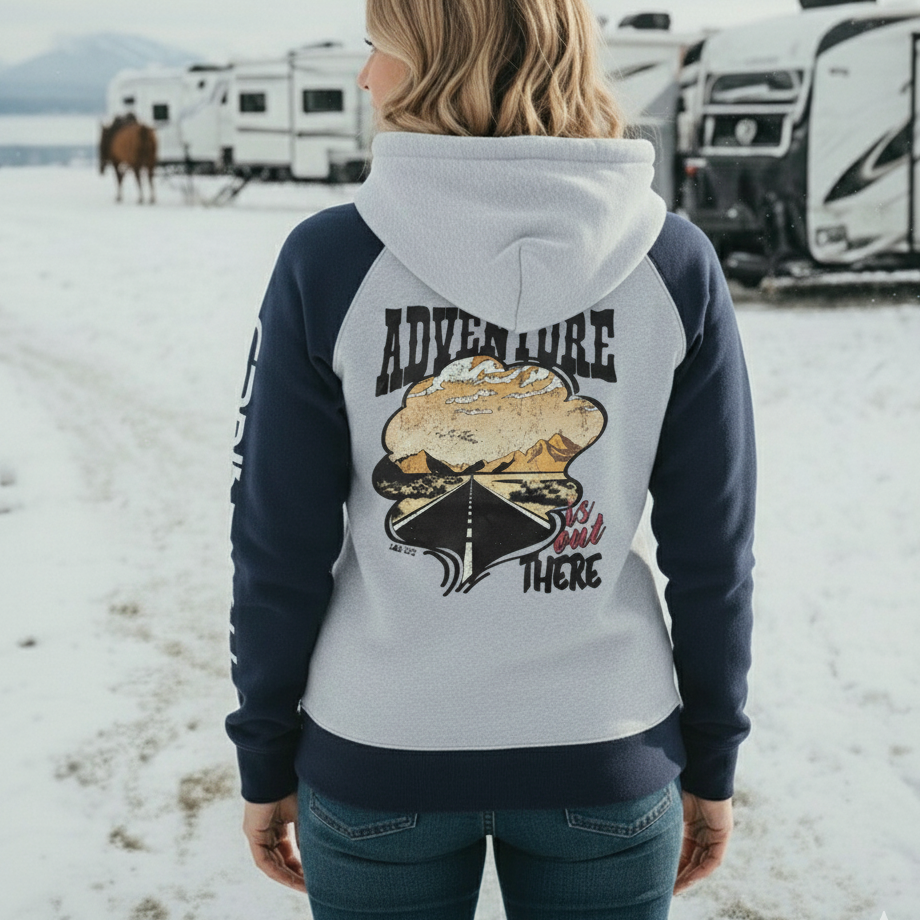 "Adventure Is Out There" Women's Raglan Sleeve Hooded Sweatshirt