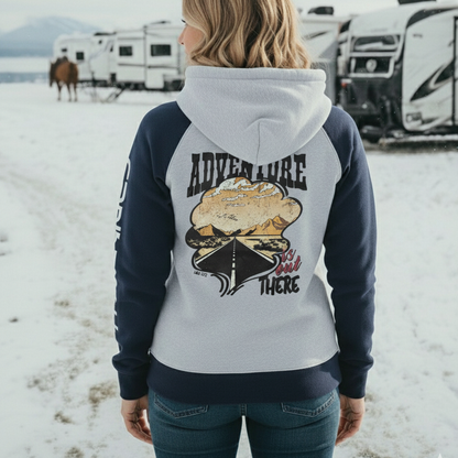 "Adventure Is Out There" Women's Raglan Sleeve Hooded Sweatshirt