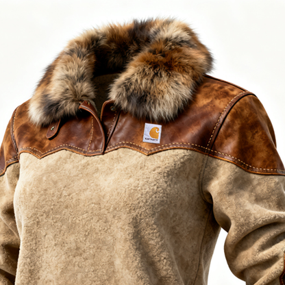 Winter Warmth Faux Fur Collar Long Sleeved Sweatshirt with Stylish Leather Accents