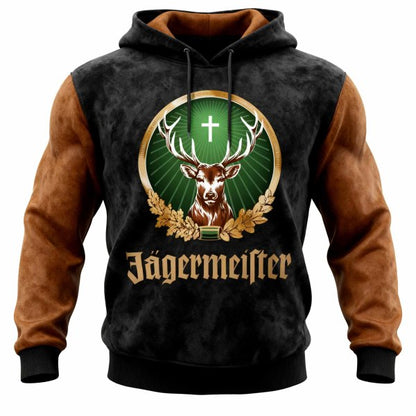 Men's Vintage Deer Black and Brown Suede Contrast Long Sleeve Hoodie