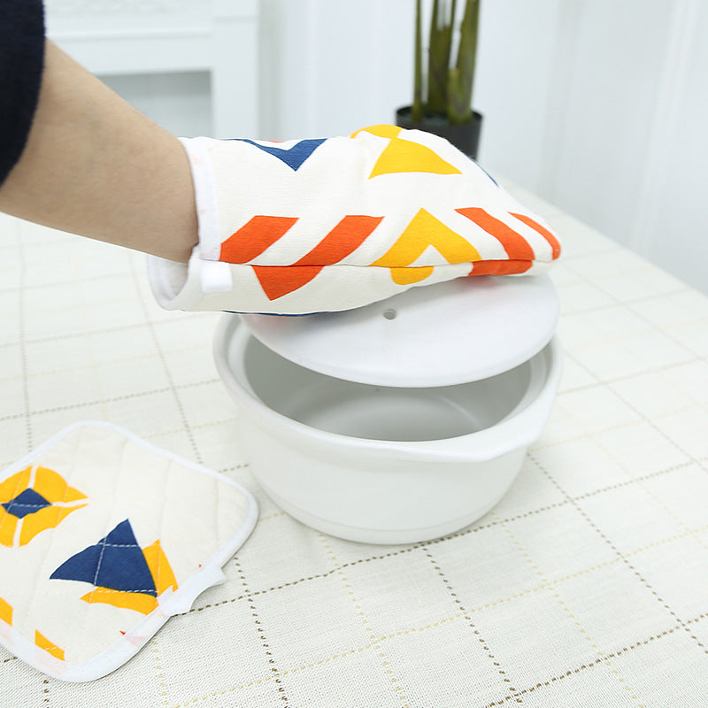 Geometric Pattern Cotton Oven Mitt & Pot Holder Set – Heat Resistant Kitchen Gloves with Insulated Mat