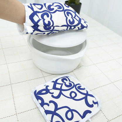 Blue Floral Cotton Oven Mitt & Pot Holder Set – Heat Resistant Kitchen Gloves with Insulated Pad