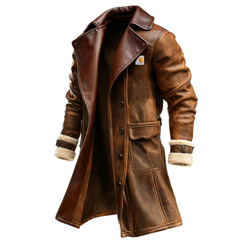 Classic Leather-Style Trench Coat with Faux Fur Trimmed Sleeves