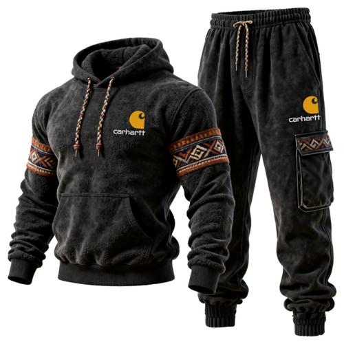 Men's Vintage Terry Material Hoodie and Jogger Set with Tribal Patterns