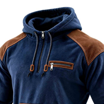 Men's Vintage Navy Blue Fleece Pocket Elbow Patches Half Zip Hoodie
