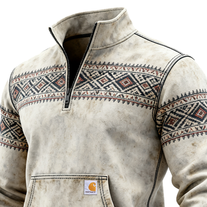 Vintage-Inspired Quarter-Zip Pullover with Ethnic Patterns for Outdoor Adventures