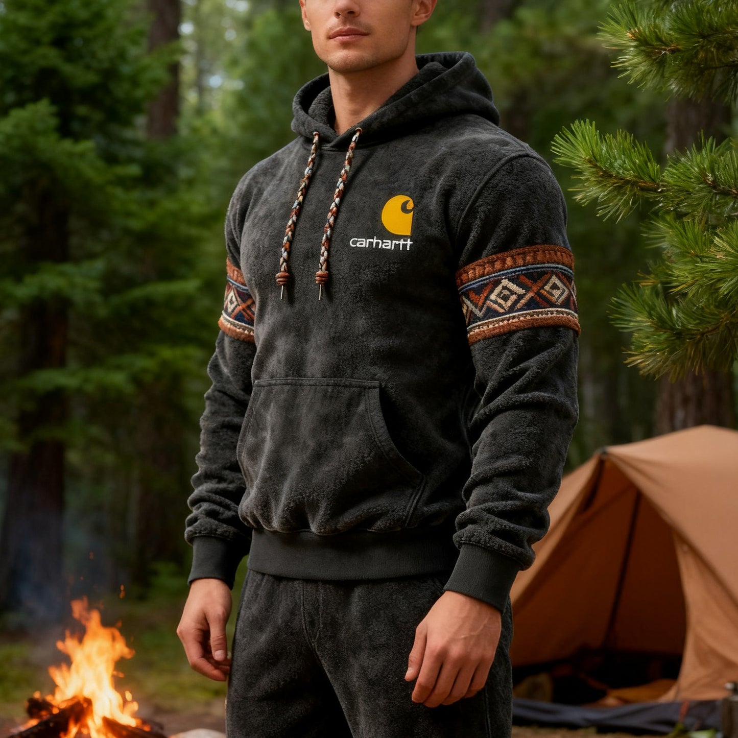 Outdoor men's casual contrast color stitching hooded sweatshirt retro western sweatshirt