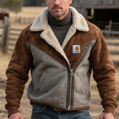 Men's Warm and Stylish Brown And Grey Suede Colorblock Jacket