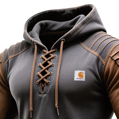 Men's Vintage Hooded Sweatshirt with Lace-Up Front and Reinforced Shoulders