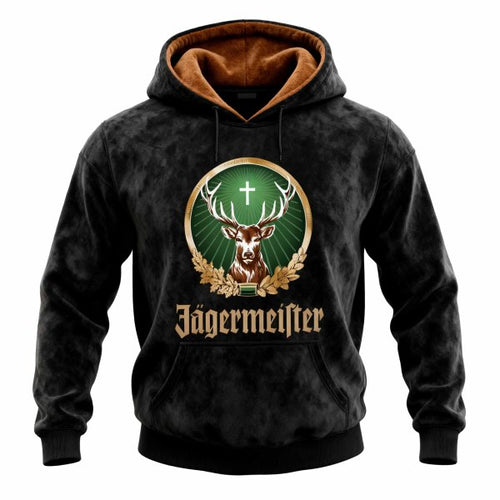 Men's Vintage Deer Black Suede Pocket Long-Sleeve Hoodie
