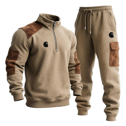 Men's Vintage Embroidered Khaki Brown Suede Quarter Zip Stand Collar Sweatshirt and Sweatpants Jogger Set