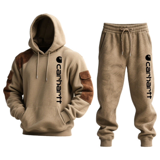 Men's Vintage Khaki Brown Suede Pocket Hoodie and Sweatpants Jogger Set