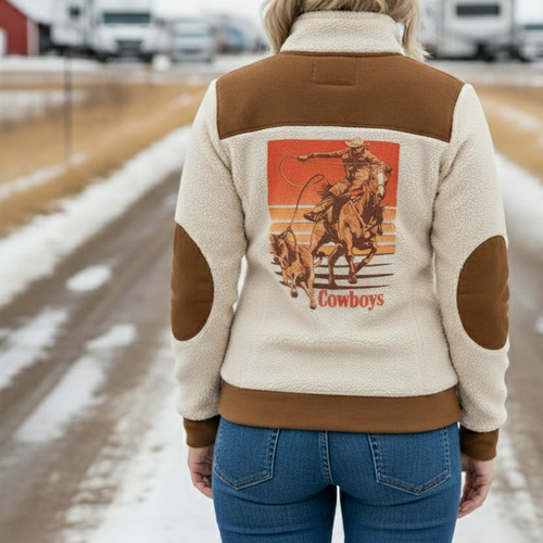 "Cowboys" Vintage Embroidered  Suede Quarter-Zip Stand Collar Long-Sleeve Sweatshirt