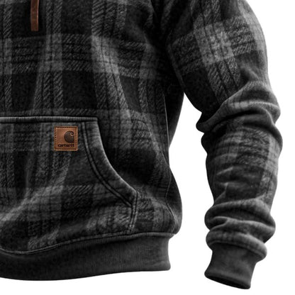 Men's Vintage Western Cowboy Plaid Print Pocket Hoodie