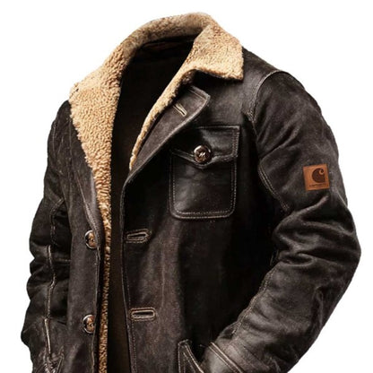 Men's Vintage Dark Brown Suede Leather Faux Fur Jacket Shearling Coat