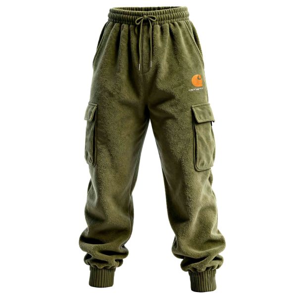Men's Vintage Embroidered Army Green Fleece Drawstring Cargo Pants Trousers