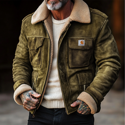 Men's Vintage Suede Patchwork Lamb Fleece Multi-Pocket Reverse Collar Outdoor Jacket
