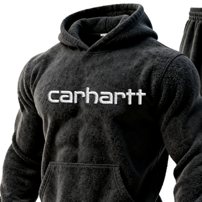 Cozy Embroidery Pattern Terry Cloth Hoodie and Cargo Pants Set for Men Casual Wear Two Piece Set of Hoodie and Pants