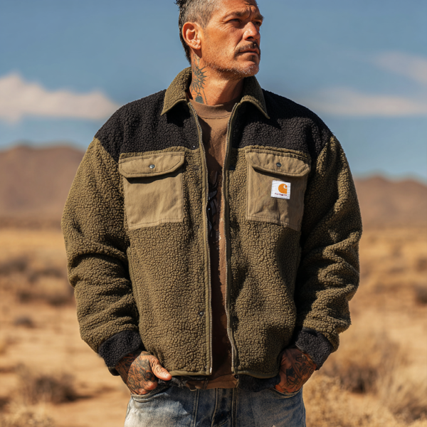 Men's Vintage Olive Green Sherpa Jacket with Contrast Sleeves