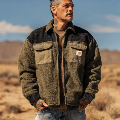 Men's Vintage Olive Green Sherpa Jacket with Contrast Sleeves