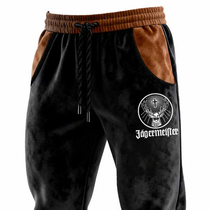 Men's Vintage Deer Black Suede Contrast Elastic Drawstring Pants