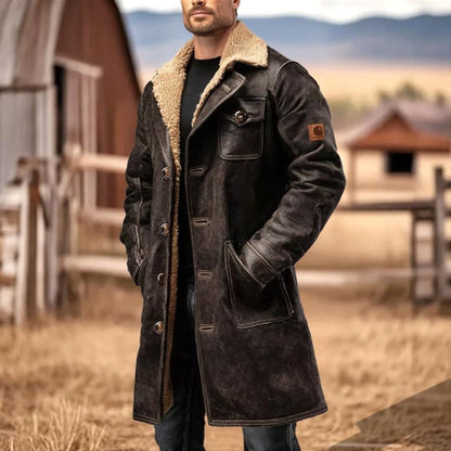 Men's Vintage Dark Brown Suede Leather Faux Fur Jacket Shearling Coat