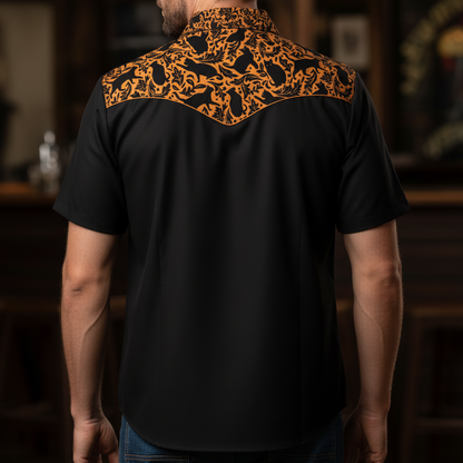Black Short - Sleeve Shirt with Orange Patterned Yoke