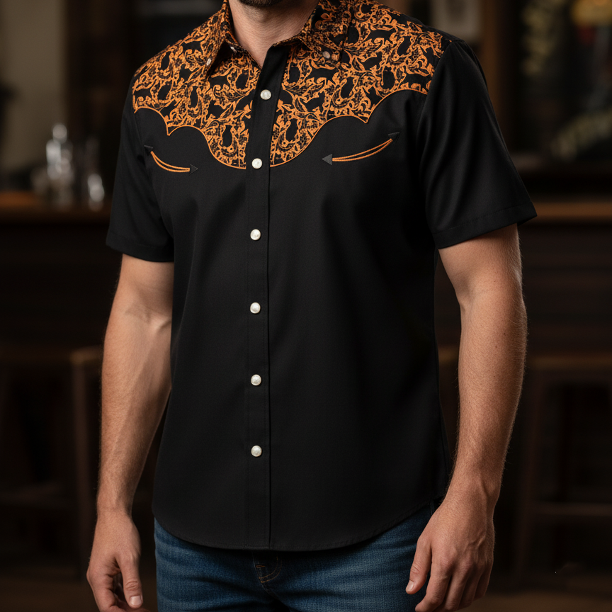 Black Short - Sleeve Shirt with Orange Patterned Yoke