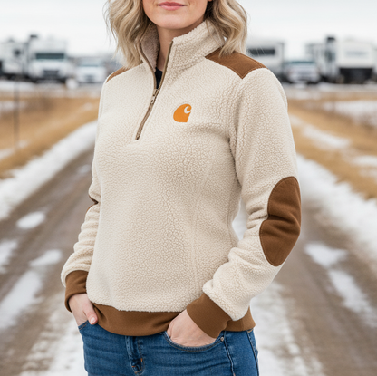 "Cowboy Wanted" Vintage Embroidered  Suede Quarter-Zip Stand Collar Long-Sleeve Sweatshirt