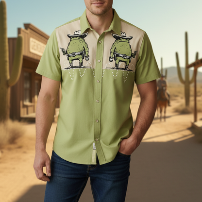 Western - Style Short - Sleeve Shirt with Frog Cowboy Prints