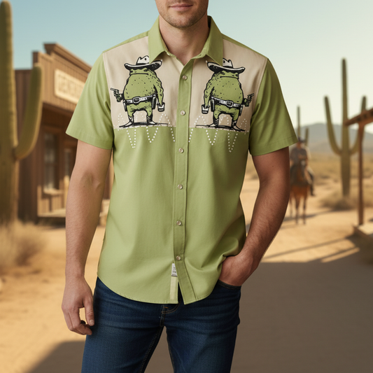Western - Style Short - Sleeve Shirt with Frog Cowboy Prints