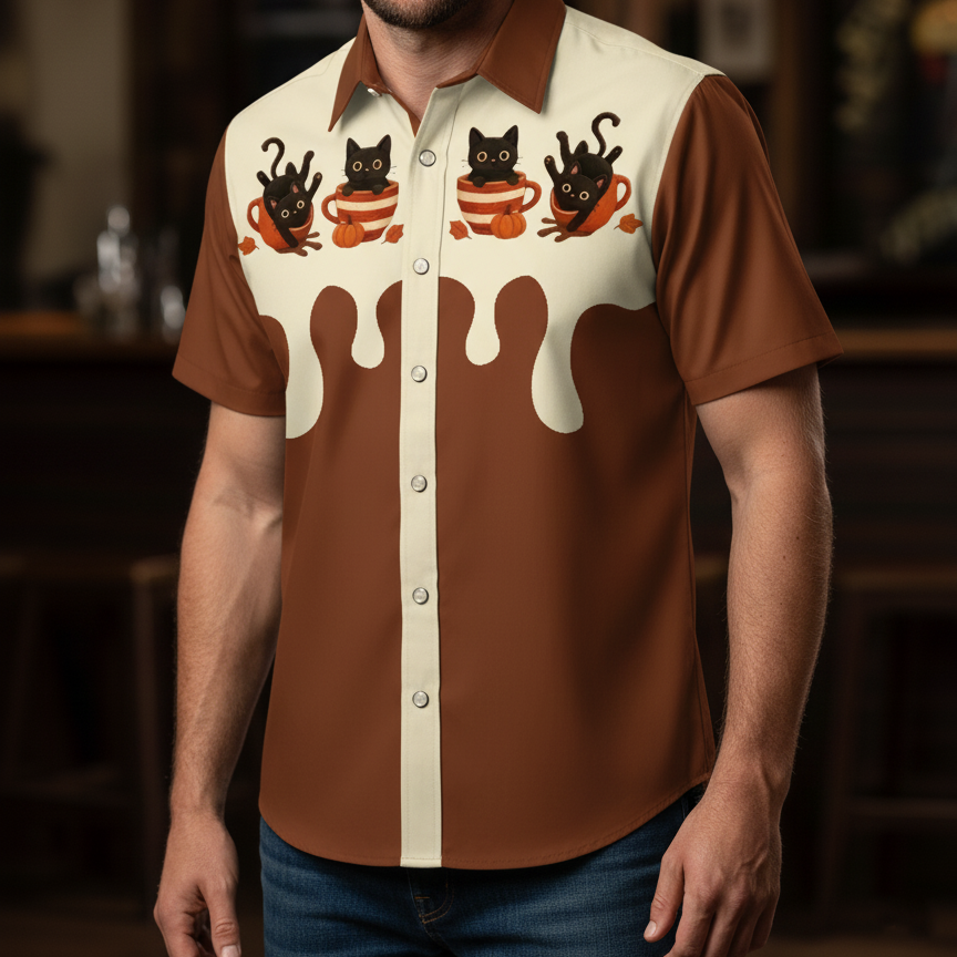 Short - Sleeve Shirt with Cute Black Cat and Coffee Pattern