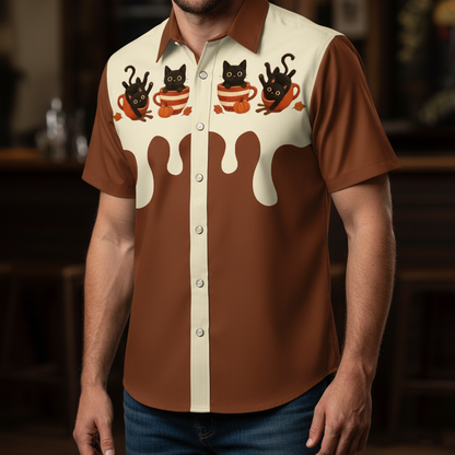 Short - Sleeve Shirt with Cute Black Cat and Coffee Pattern