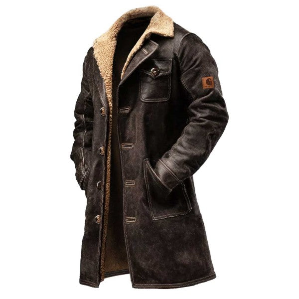 Men's Vintage Dark Brown Suede Leather Faux Fur Jacket Shearling Coat