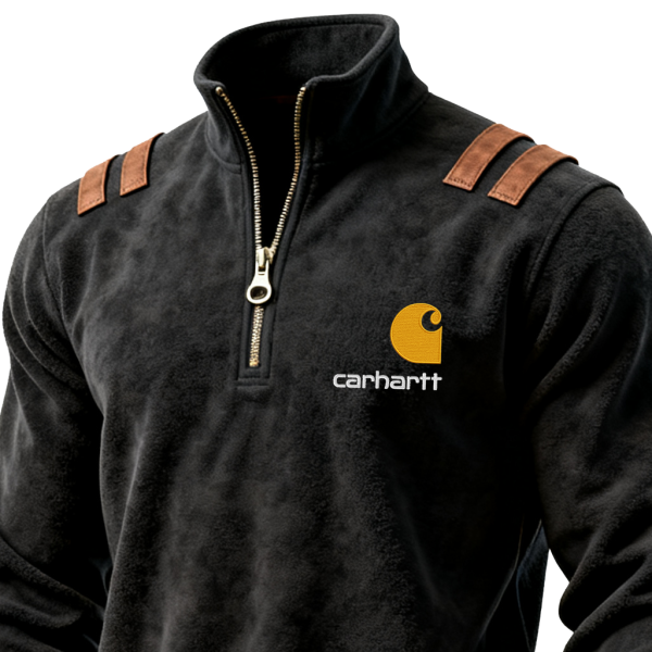 Men's Vintage Terry Black Half-zip Sweatshirt with Brown Shoulder and Cuff Accents