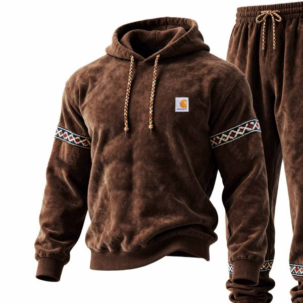 Men's Vintage Dark Brown Suede Ethnic-Style Pocket Hoodie and Sweatpants Jogger Set