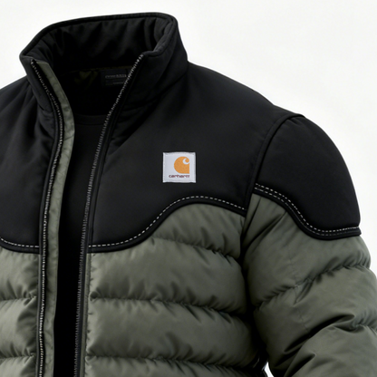 Men's Warm Olive Green Puffer Jacket with Black Accents