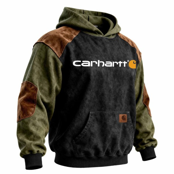 Men's Vintage Suede Contrasting Patches Pocket Long Sleeve Hoodie