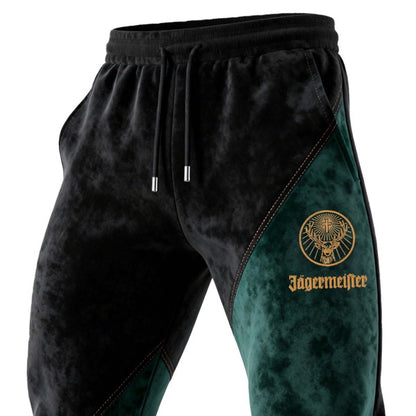 Men's Vintage Deer Black and Dark Green Suede Contrast Elastic Drawstring Pants