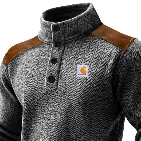 Men's Vintage Dark Gray Herringbone Suede Elbow Patches Button-Down Stand Collar Sweatshirt