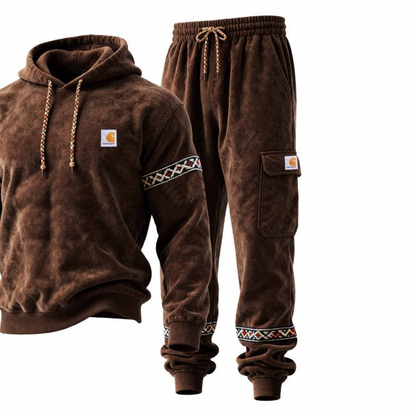Men's Vintage Dark Brown Suede Ethnic-Style Pocket Hoodie and Sweatpants Jogger Set