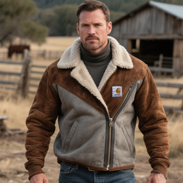 Men's Warm and Stylish Brown And Grey Suede Colorblock Jacket