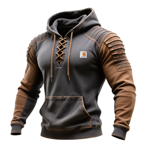 Men's Vintage Hooded Sweatshirt with Lace-Up Front and Reinforced Shoulders