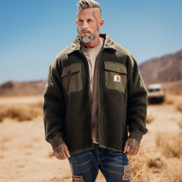 Men's Vintage Olive Green Sherpa Jacket for Outdoor Adventures