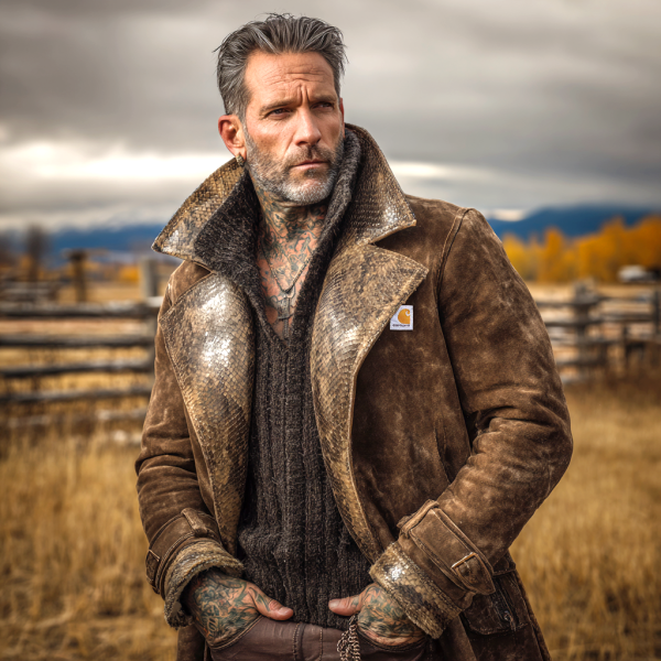 Winter-Ready Shearling Coat with Snake Print Detailing