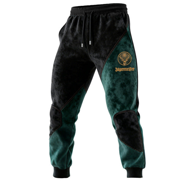 Men's Vintage Deer Black and Dark Green Suede Contrast Elastic Drawstring Pants