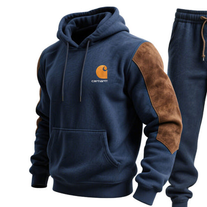 Men's Vintage Embroidered Navy Blue Stitching Brown Suede Pocket Hoodie and Sweatpants Jogger Set