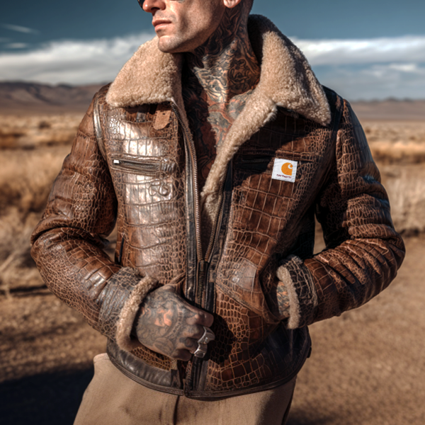 Men's Vintage Rugged Style: Brown Leather Jacket with Shearling Collar