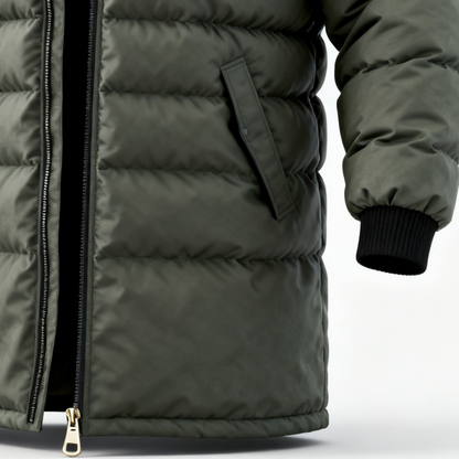 Men's Warm Olive Green Puffer Jacket with Black Accents
