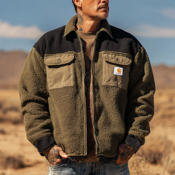 Men's Vintage Olive Green Sherpa Jacket with Contrast Sleeves